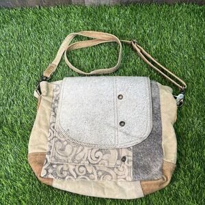 Myra Bag Crossbody Shoulder Bag Canvas & Hairon Patchwork Boho Style Great Cond